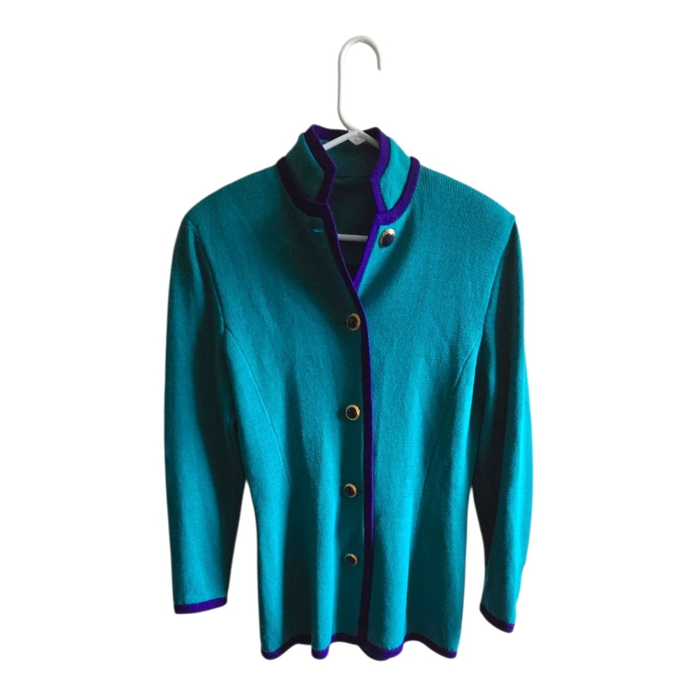 Vtg 80s Authentic Made In Usa Jewel Tone Knit Power Suit Teal & Royal Purple - Picture 2 of 8